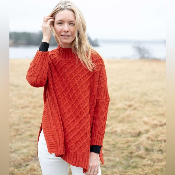 Mer Sea The Lisbon Traveler Coral orange mock neck cable knit one size - Picture 2 of 13